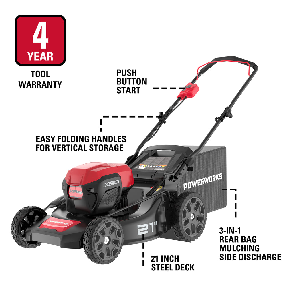POWERWORKS XB 40V 21" Brushless Cordless Push Mower, 4Ah Battery and Charger Included