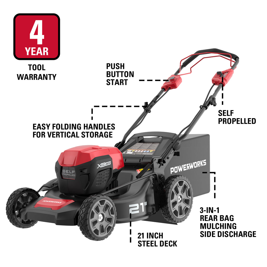 POWERWORKS 40V 21 Inch Brushless Cordless Self-Propelled Lawn Mower, Batteries and Charger Included