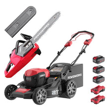 Load image into Gallery viewer, POWERWORKS 40V 21 inch Brushless Cordless Self-Propelled Lawn Mower and 14 inch Chainsaw chainsaw combo kit