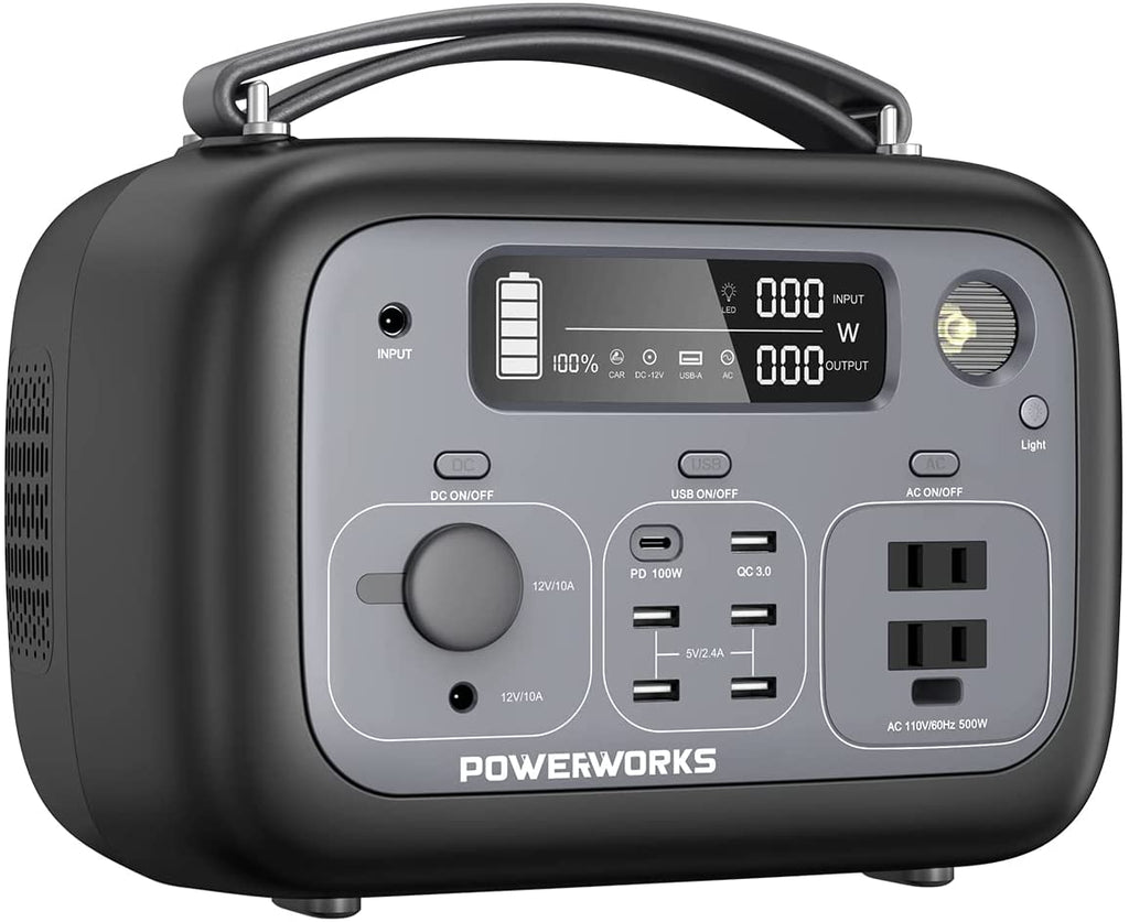 POWERWORKS 540Wh Backup Lithium Battery Portable Power Station, 110V/500W with Pure Sine Wave AC Outlet, 3 LED light modes ,Dual-fan cooling,Solar Generator for Outdoor,Emergency