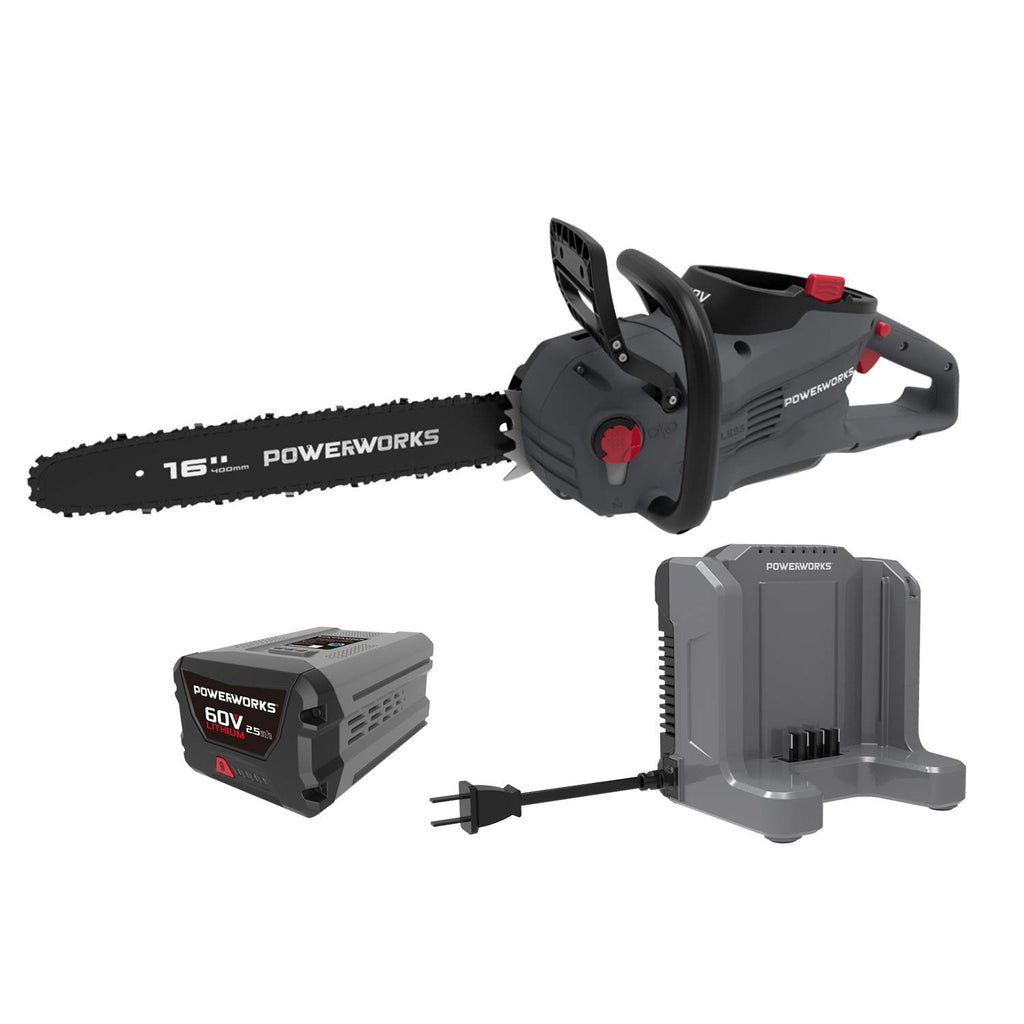 POWERWORKS 60V Cordless Chainsaw 16 Inch Bar with 3.0Ah Battery and Charger