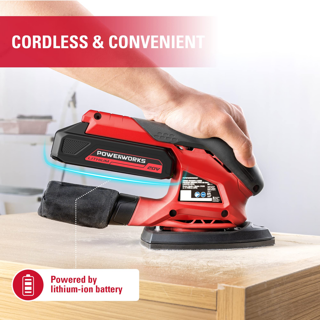 POWERWORKS XB 20V Cordless Finishing Sander, Battery and Charger Included