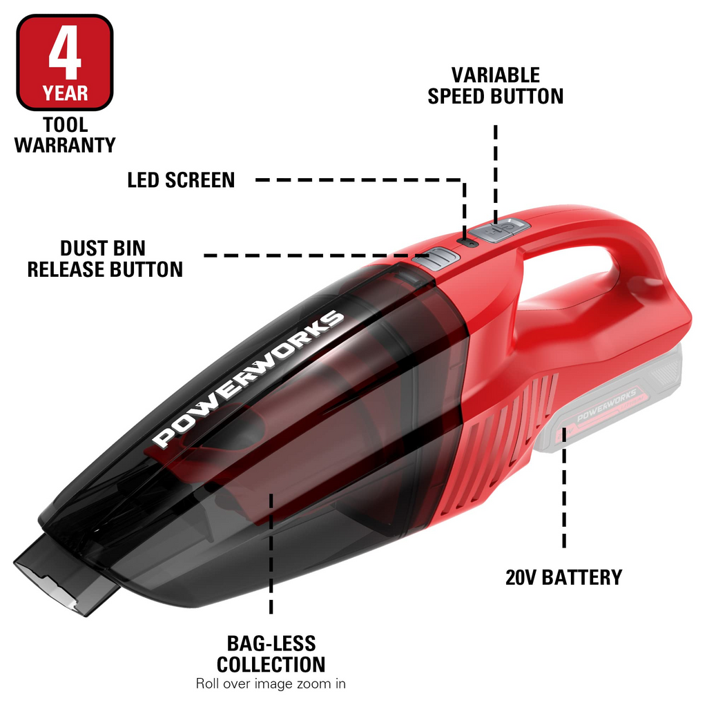 Powerworks 20V Cordless Handheld Vacuum, Battery and Charger Included