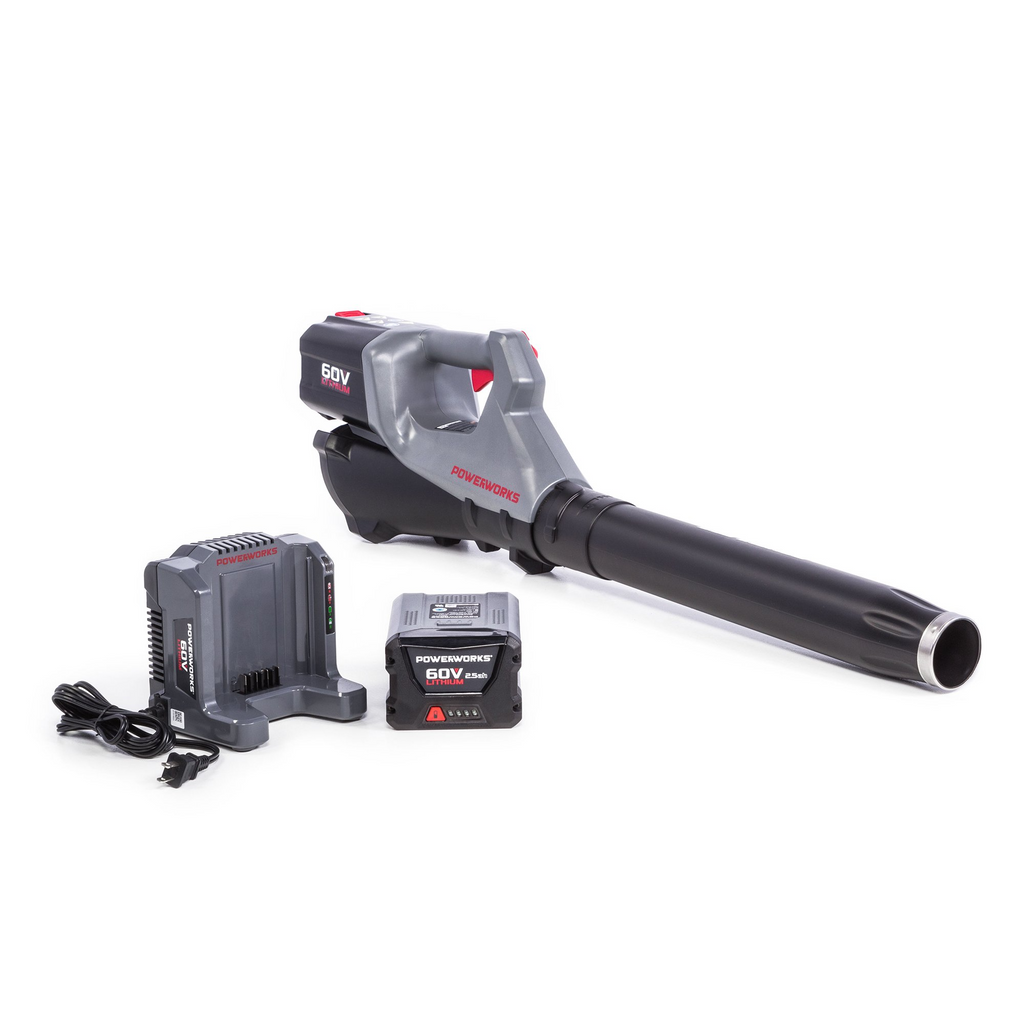 POWERWORKS 60V Brushless Leaf Blower, Variable Speed Electric Lawn Blower 125 MPH/450 CFM, 2.5Ah Battery and Charger Included