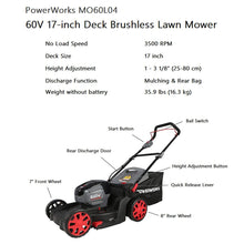 Load image into Gallery viewer, POWERWORKS 60V 17 Inch Deck Cordless Lawn Mower with 4.0 Ah Battery and Charger
